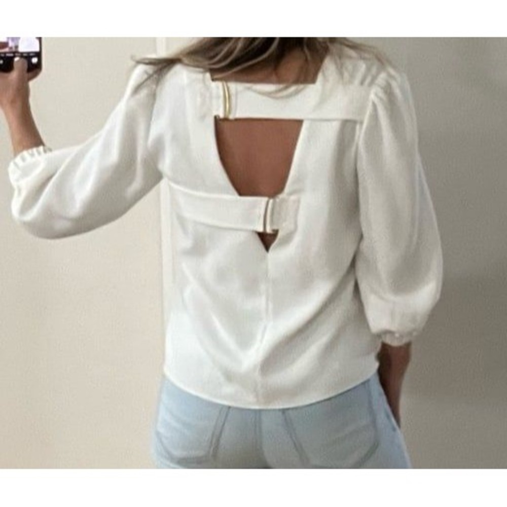 Tibi White Blouse Shirt 3/4 Puff Sleeve Partial Open Back Straps - Picture 9 of 11